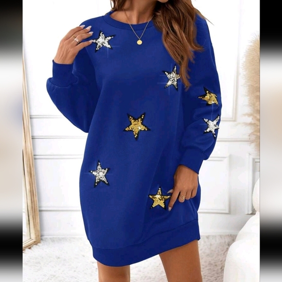Dresses & Skirts - Women Casual Beaded Star Christmas Short Sweatshirt Dress For Autumn